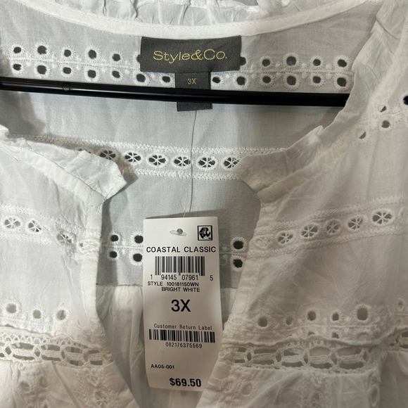 Style & Co Eyelet Blouse Peasant Top Ruffle Trim Long Sleeve Bright White 3X - Picture 5 of 8